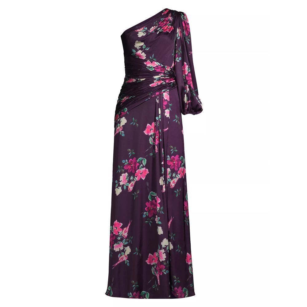 Ieena Mac Duggal New Plum Floral Print One Sleeve Gown Size 2 MSRP $398